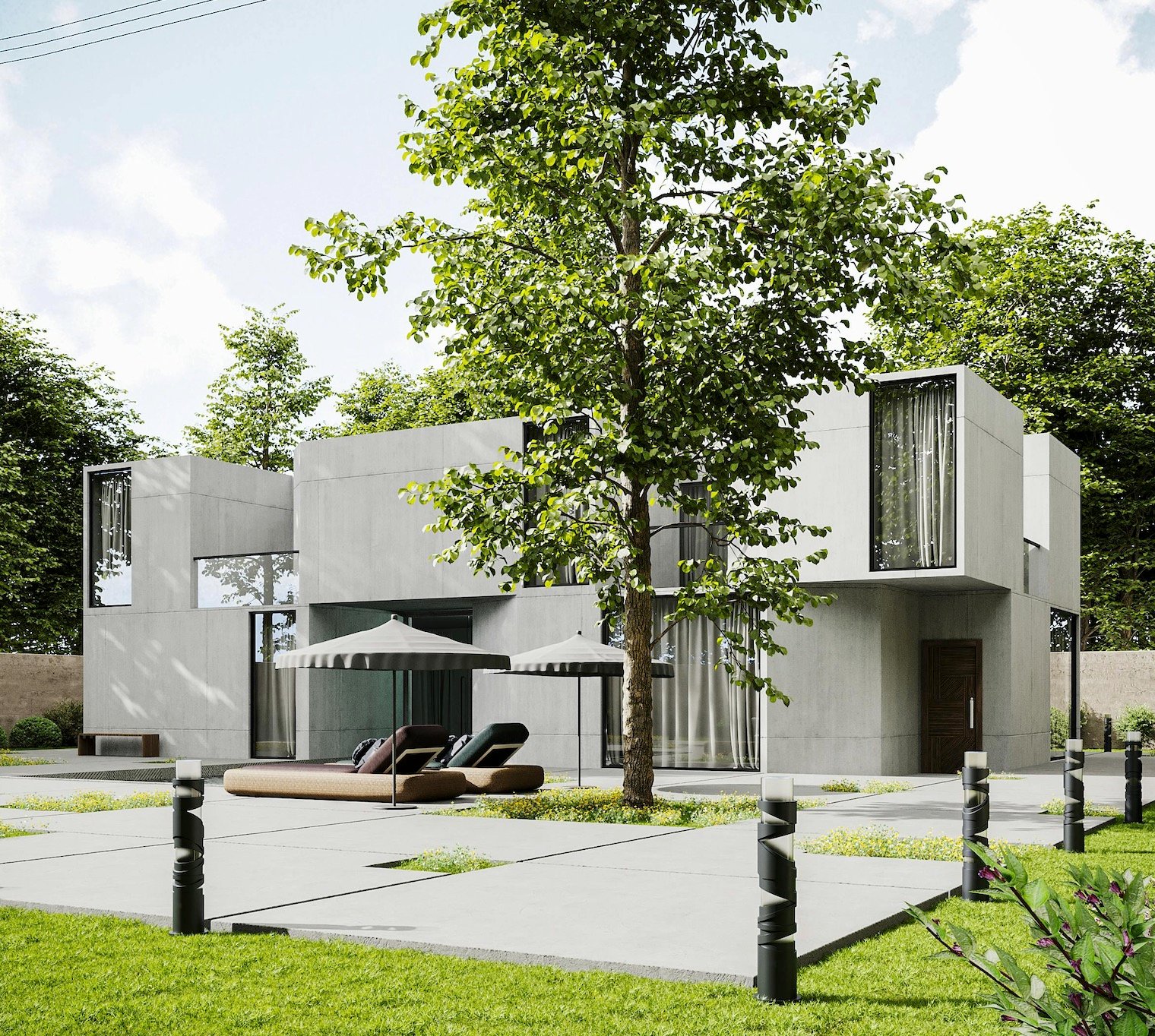 Modern concrete house with boxy design, large windows, outdoor lounge area, and lush green landscaping