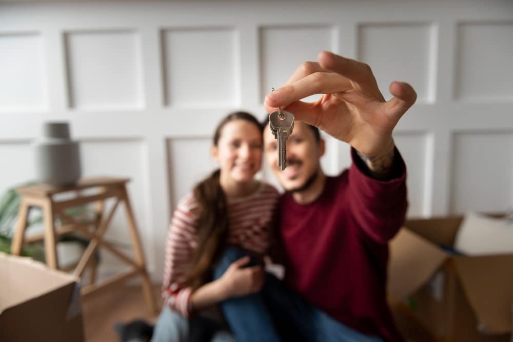 Happy couple holding house keys in their new home, symbolizing homeownership or securing a second mortgage.
