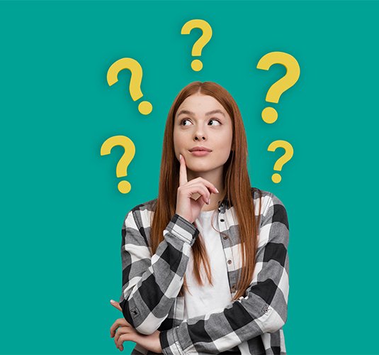 Thoughtful young woman surrounded by question marks, symbolizing uncertainty or confusion about credit score issues.